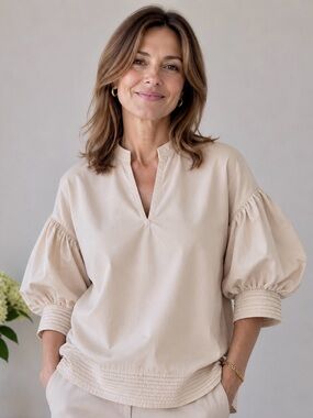 Chico’s Beige Balloon Puff Sleeve Women’s Top Sz 6